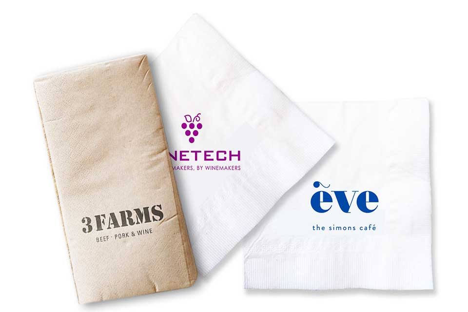 WF Plastic can custom print BioPak paper napkins with your logo with low minimum orders.